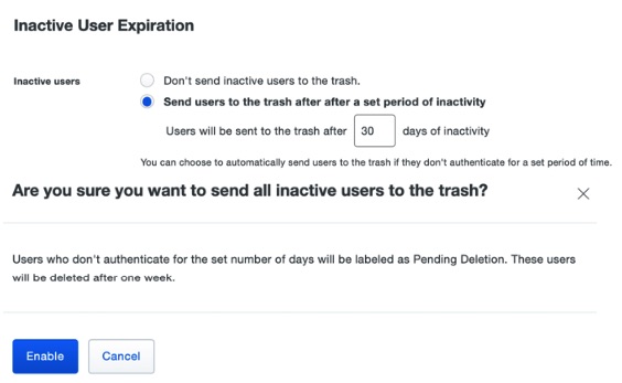 Duo's Inactive User Expiration screen, with the option to send users to the trash after a set period of inactivity selected.