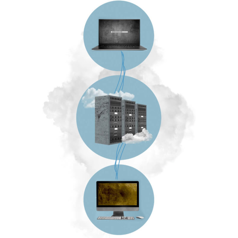 The security of passwords is represented by an ominous picture of a various computers among the clouds