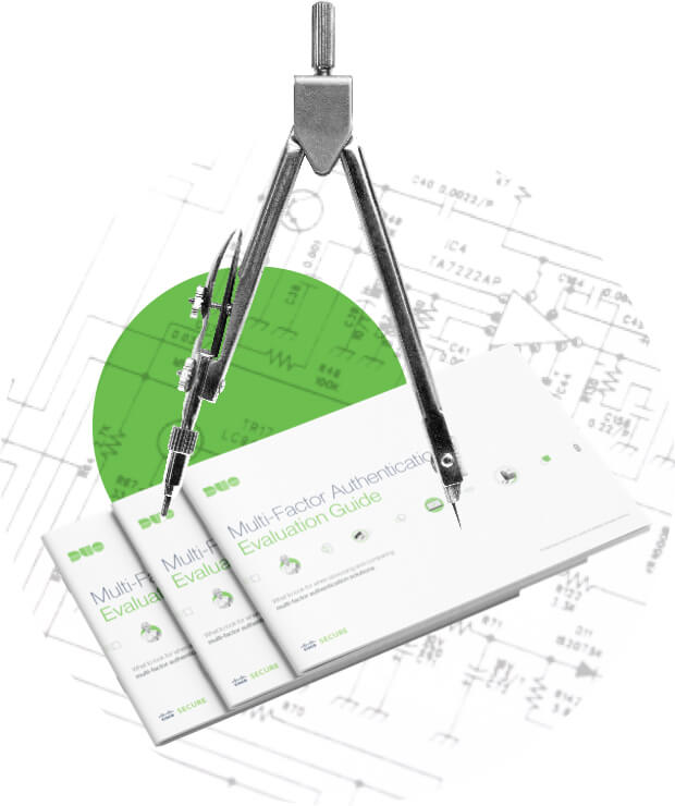 A protractor and electrical blueprint demonstrate the evaluation of multi-factor authentication solutions with Duo