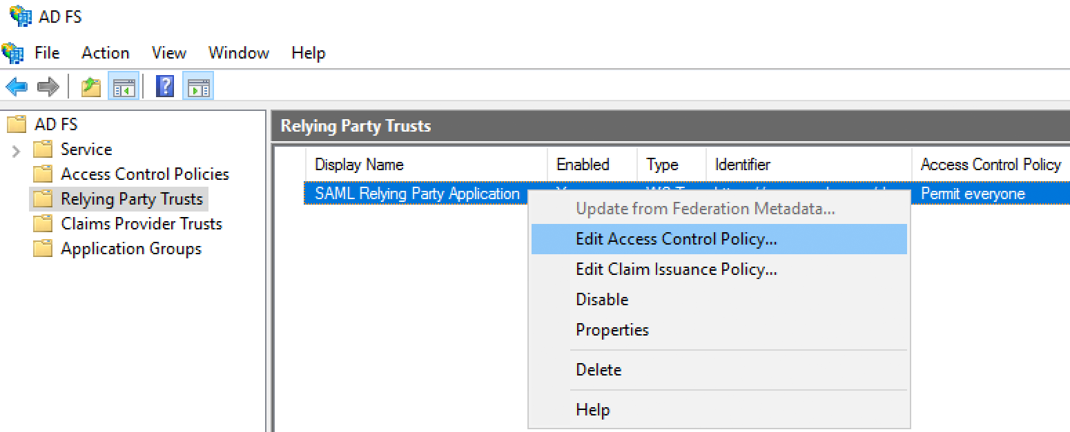 Edit Relying Party Access Control Policy