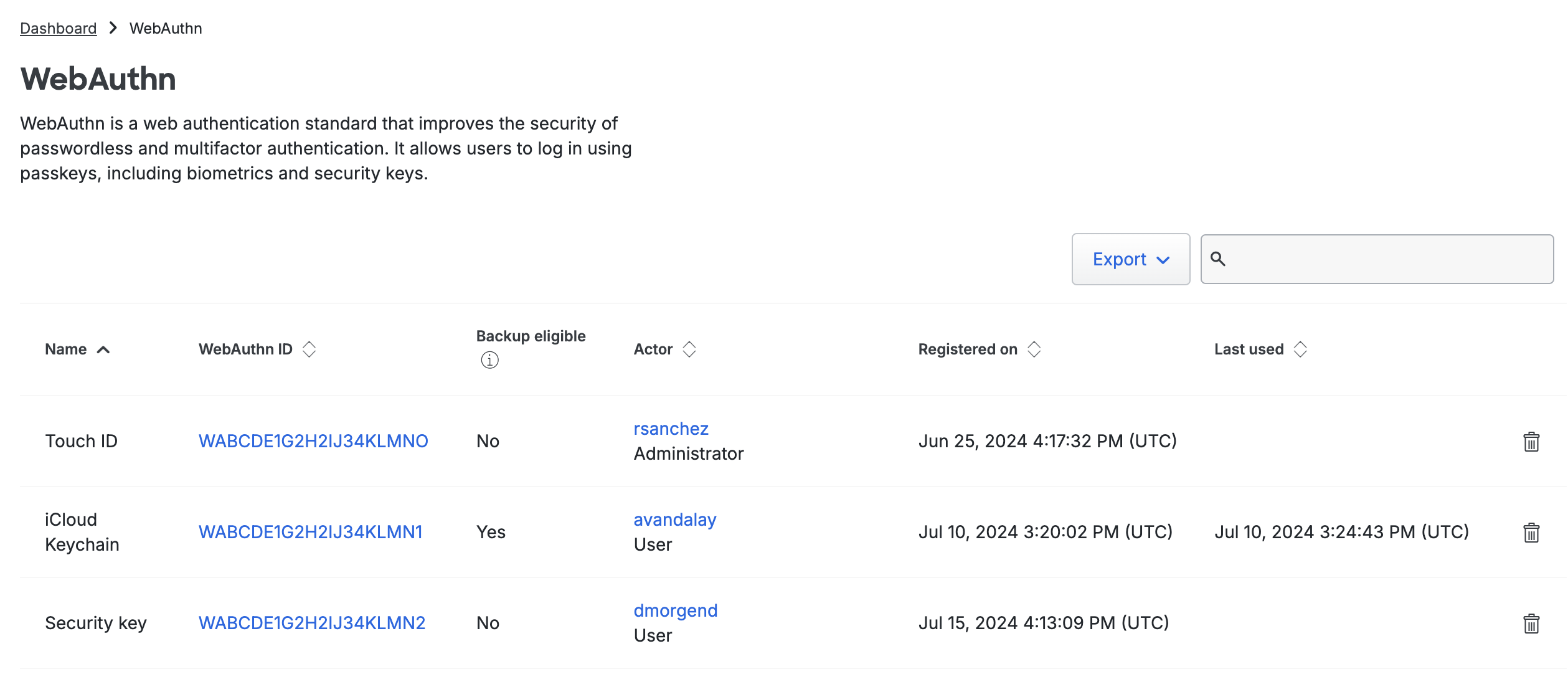 WebAuthn Table View