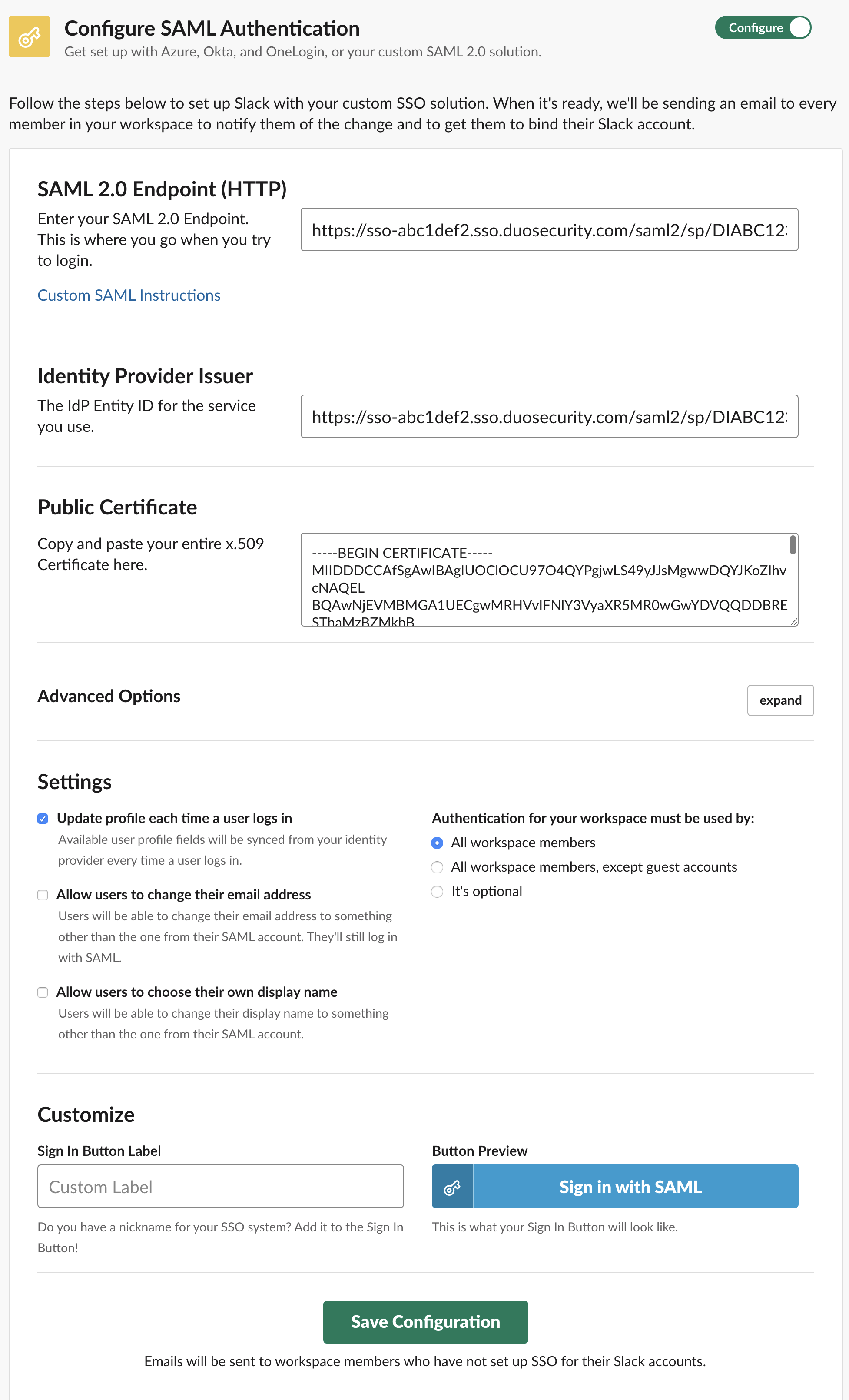 Slack Single Sign-On Setting Edit