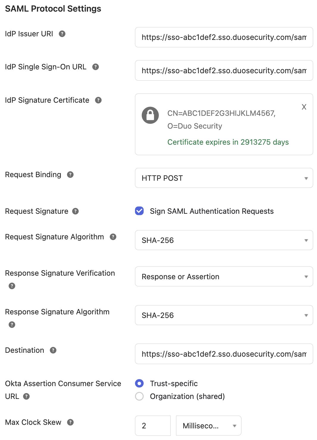 Okta SAML Protocol Settings