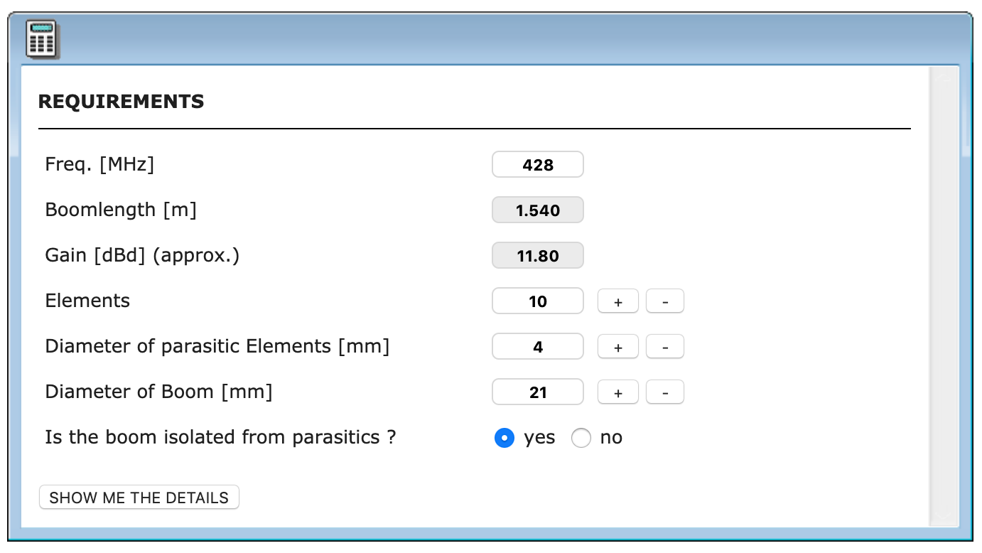 Screenshot showing the inputs to an online tool to calculate specifications for a Yagi-Uda antenna, photo credit: screenshot of https://www.changpuak.ch/electronics/yagi_uda_antenna_DL6WU.php